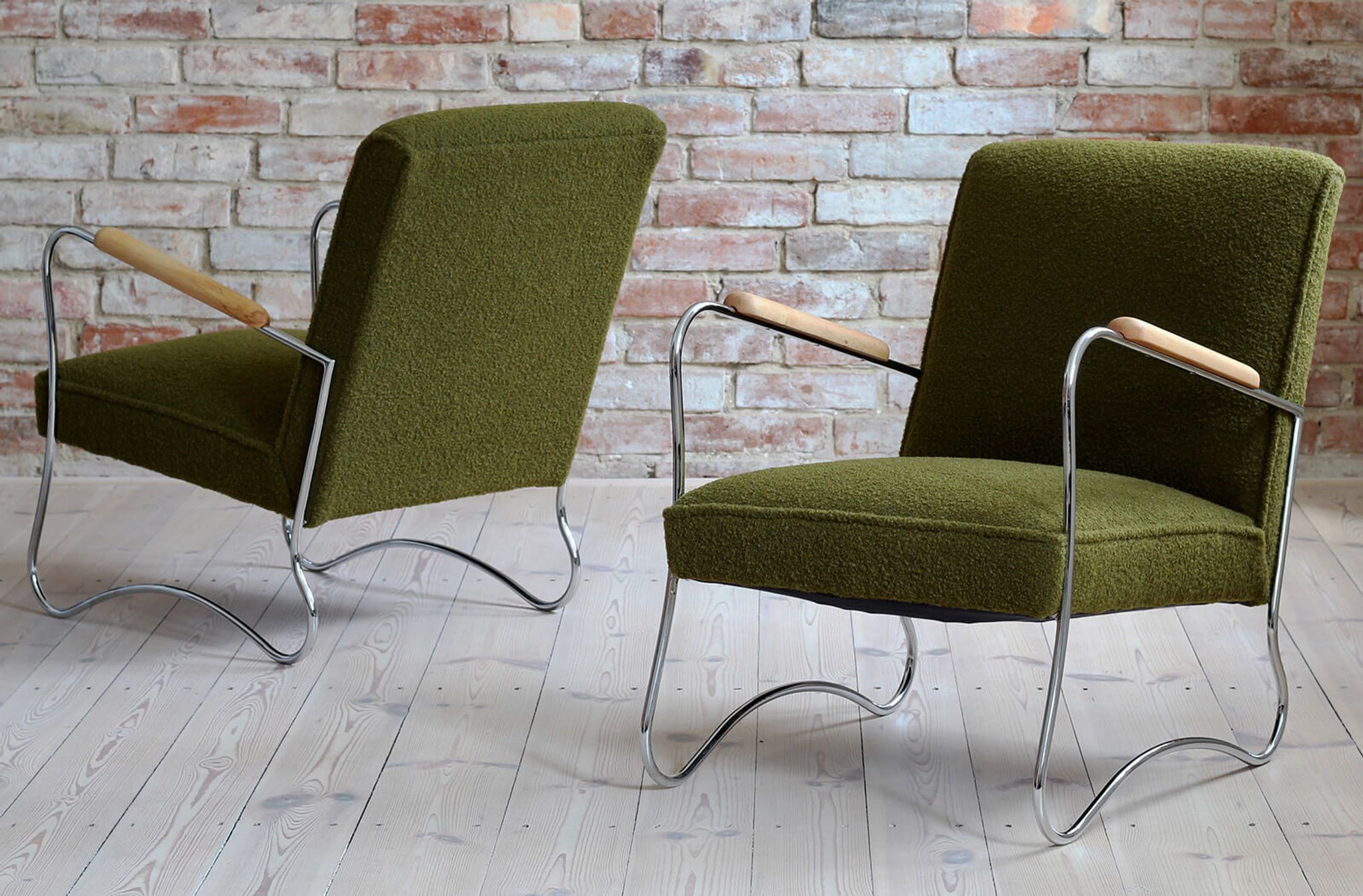 Bauhaus style armchairs, 1950s, polish design, kvadrat reupholstery, set of 2