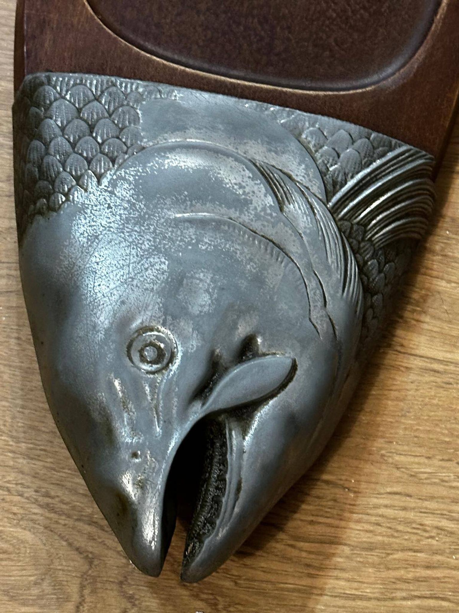 Vintage wooden and metal fish platter – salmon/trout serving tray –