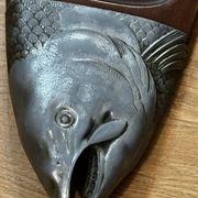 Vintage wooden and metal fish platter – salmon/trout serving tray –