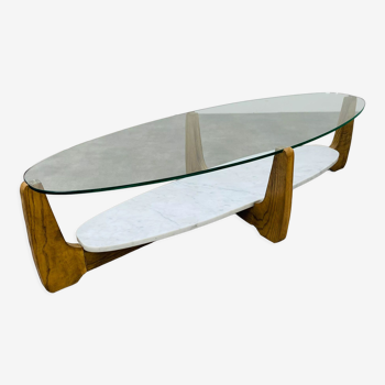 Table basse scandinave Hugues Poignant ovale bois marbre verre