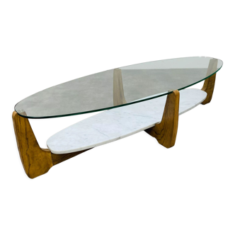 Scandinavian coffee table Hugues Poignant oval wood marble glass
