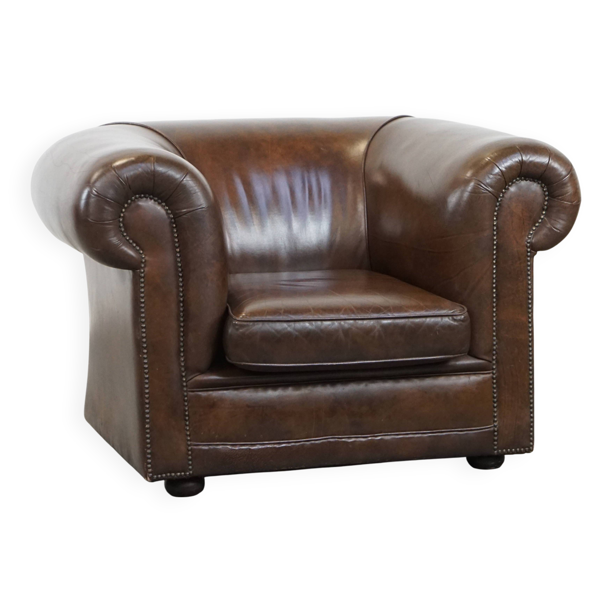 Large, Dark Cowhide Leather Chesterfield Armchair
