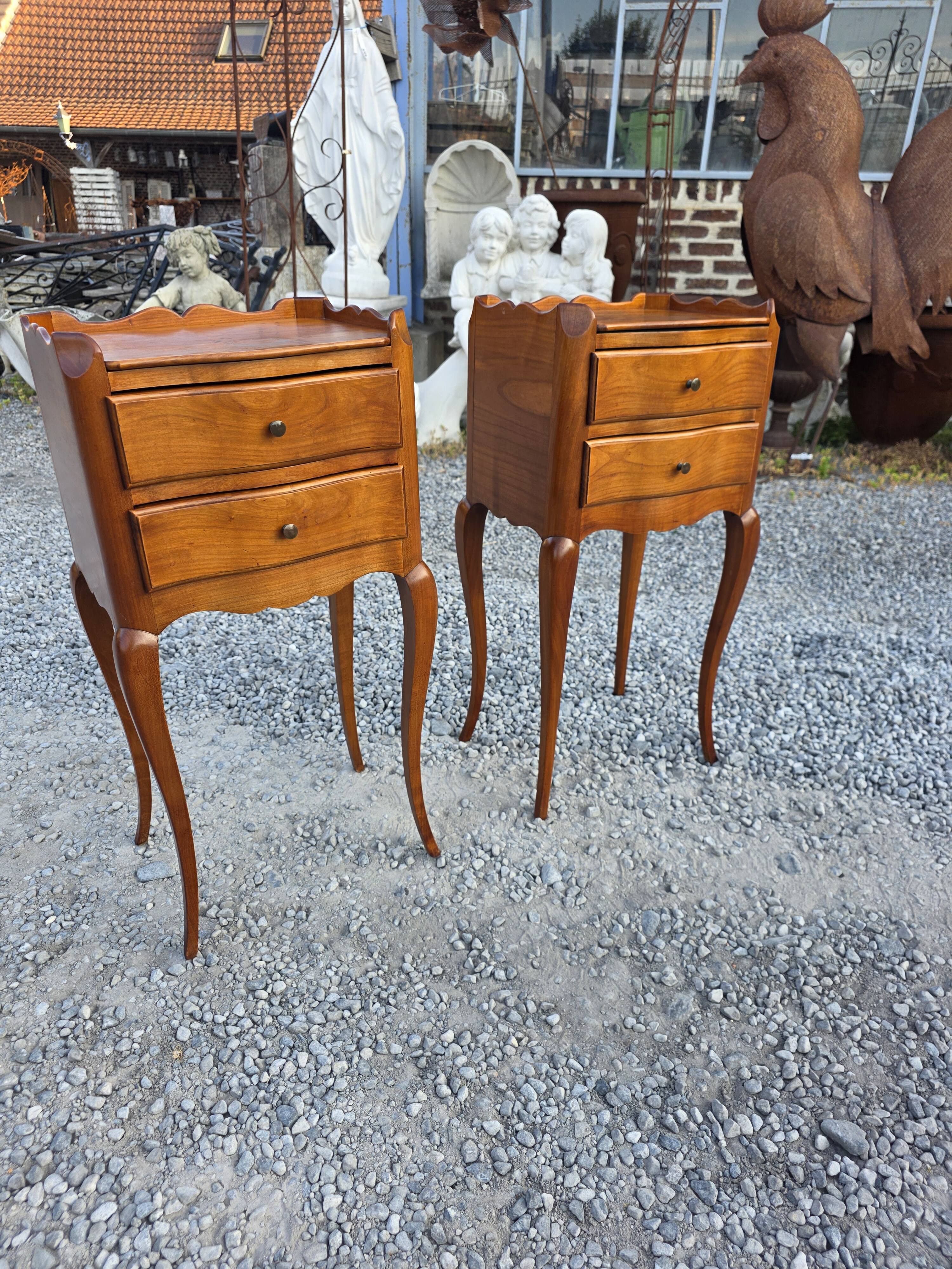 Pair of Louis XV style bedside tables in solid cherry wood.