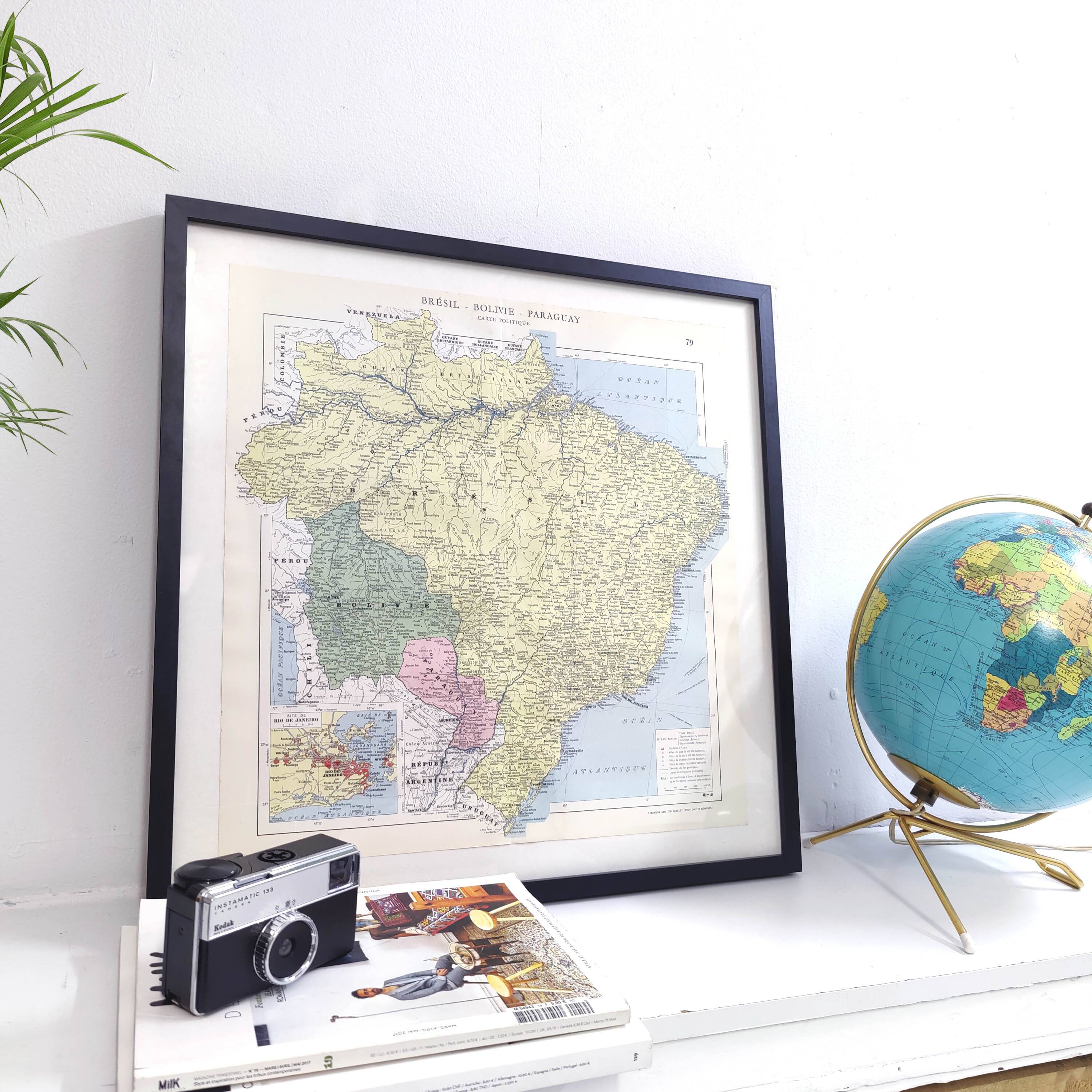 Old map of South America Brazil Bolivia Paraguay 43x43cm from 1950