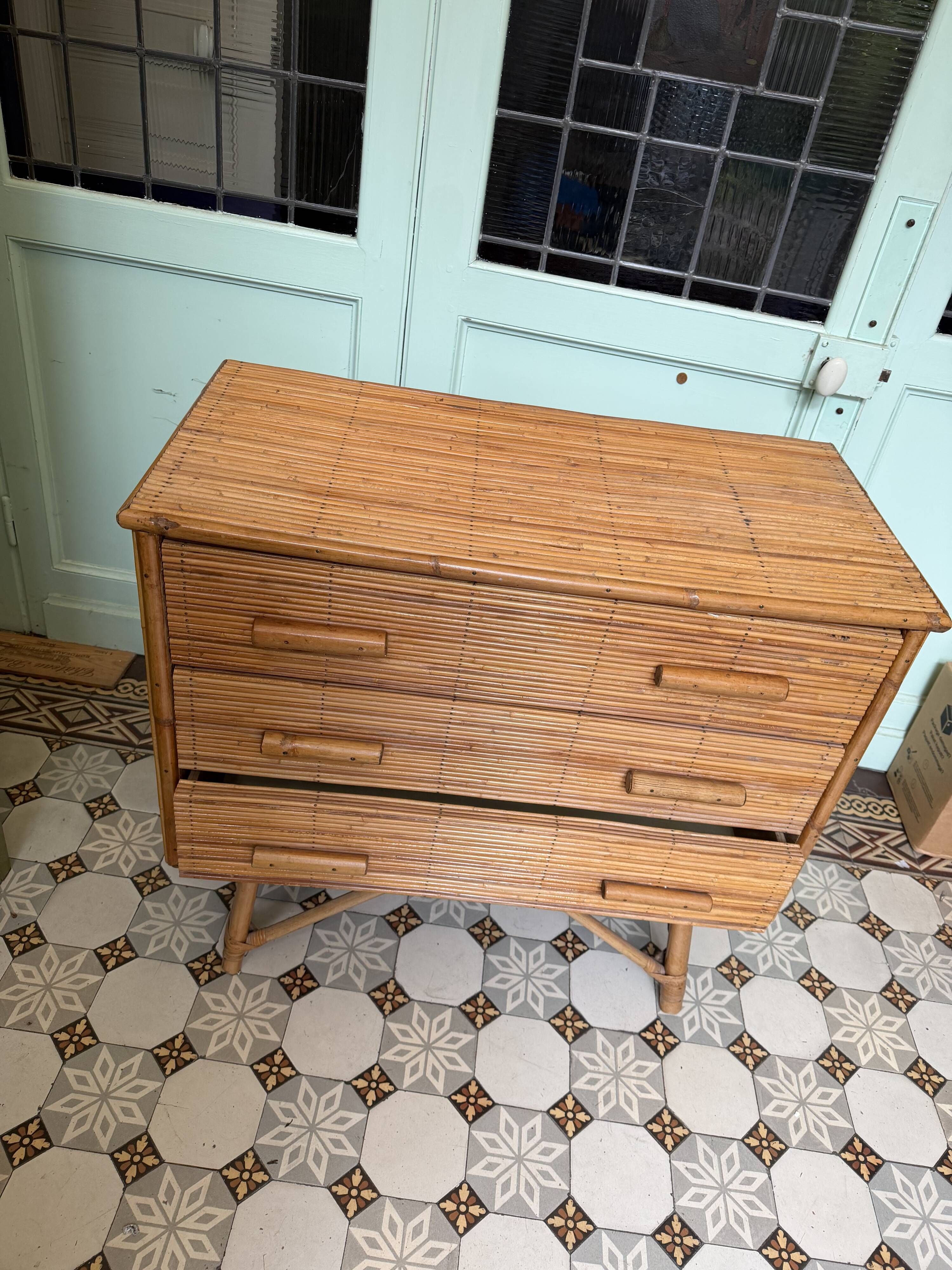 Commode 3 tiroirs bambou/rotin vintage