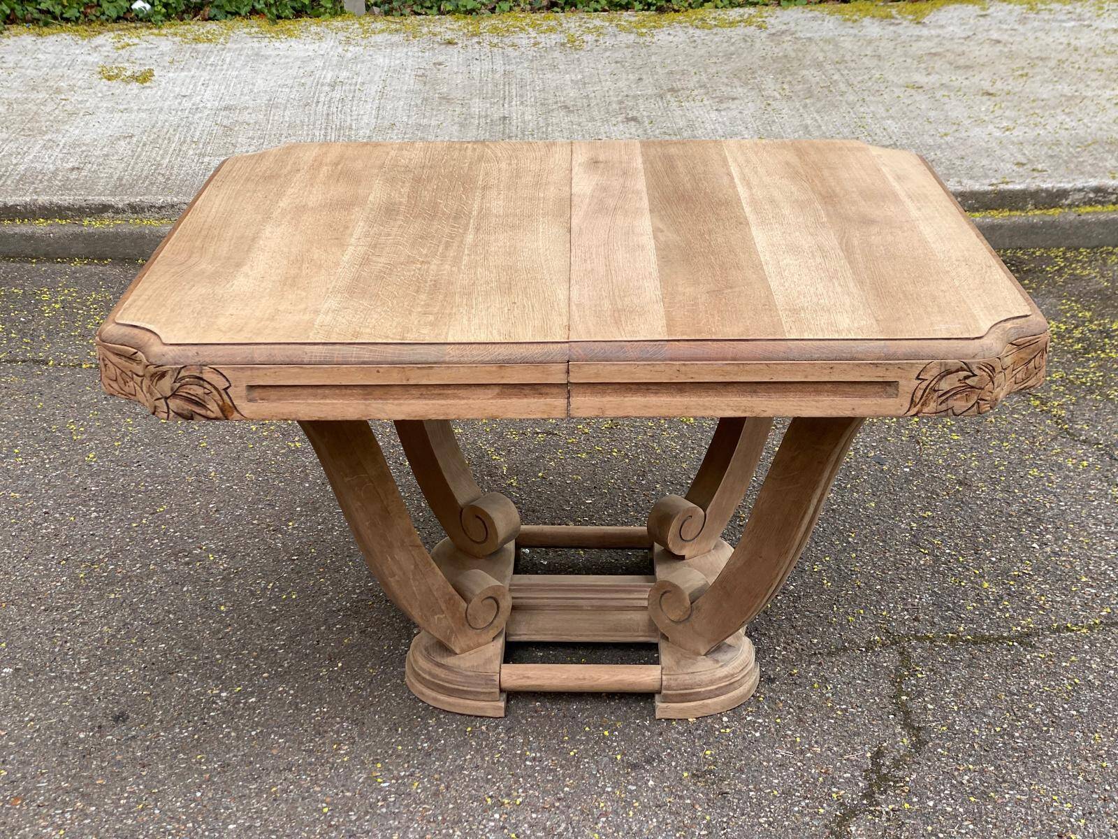 Rectangular Art Deco dining table with a central pedestal, renovated in solid oak.