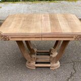 Rectangular Art Deco dining table with a central pedestal, renovated in solid oak.