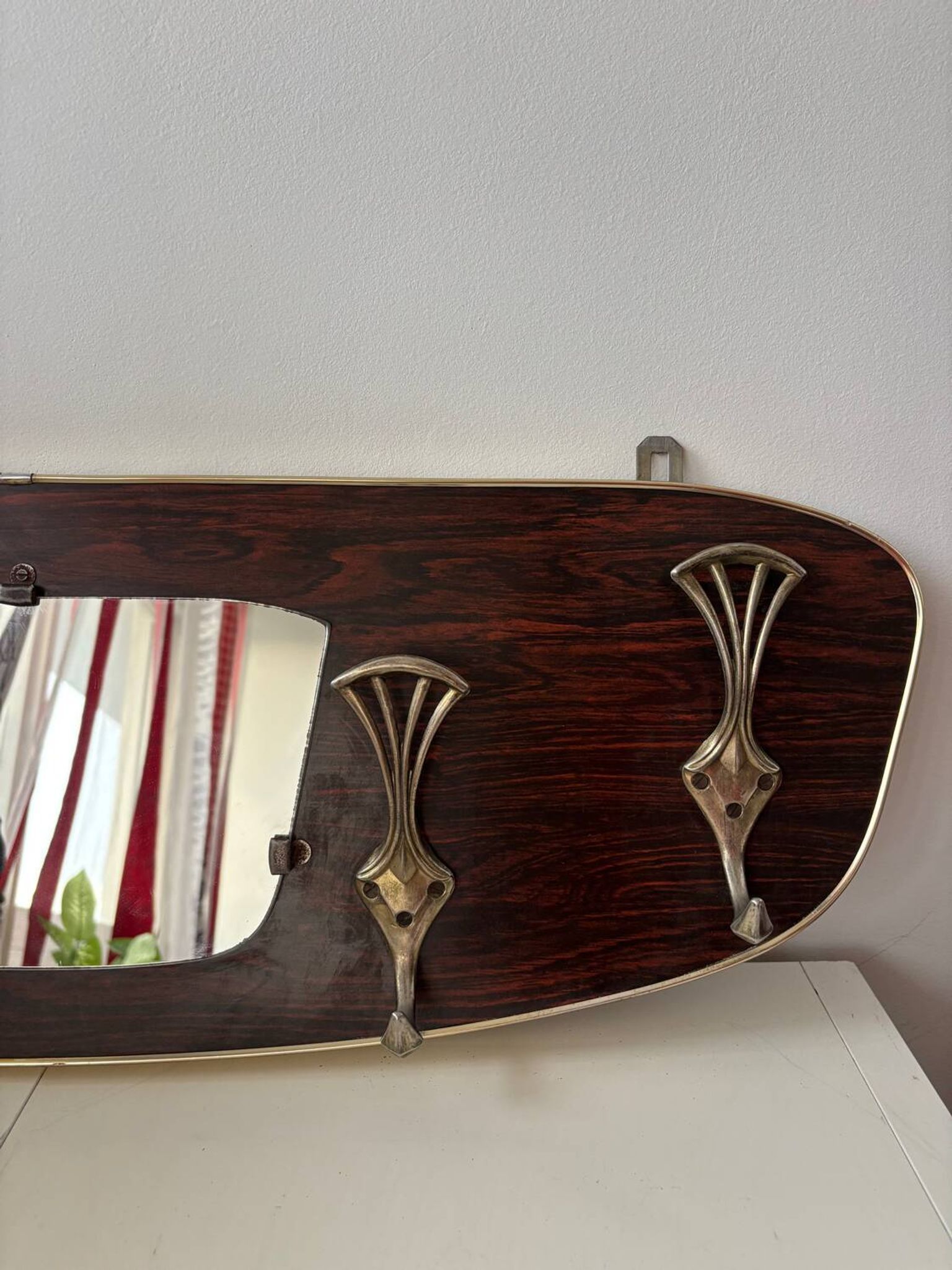 Wood and brass coat rack, 1960