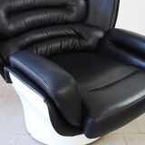 Joe Colombo Elda Chair + Ottoman in Black Leather and White Fiberglass Shell
