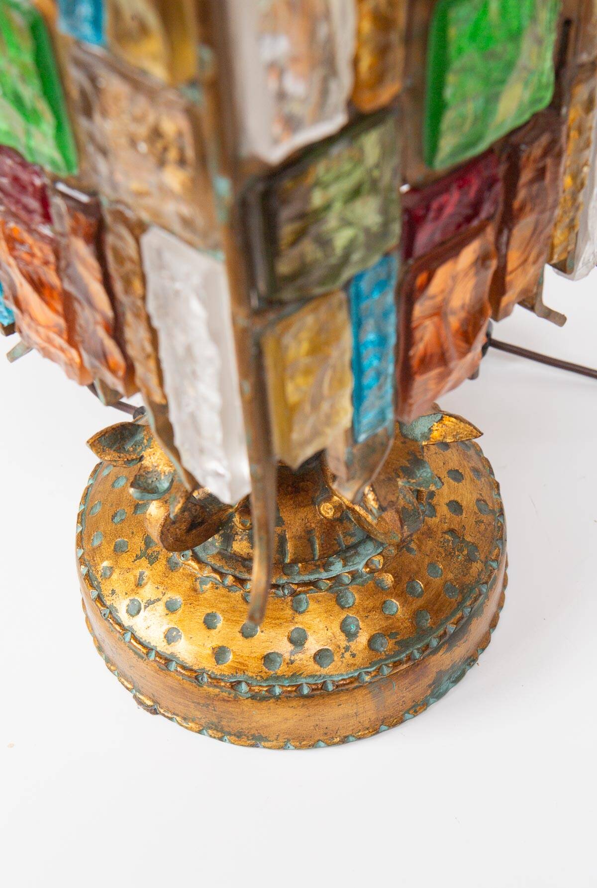 Lampe de table italienne fer forgé et verre de Murano par Longobard, 1908s