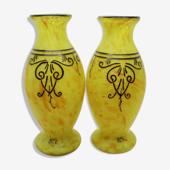 François Théodore Legras pair art deco balustre vase with enamelled decoration of stylized arabesque