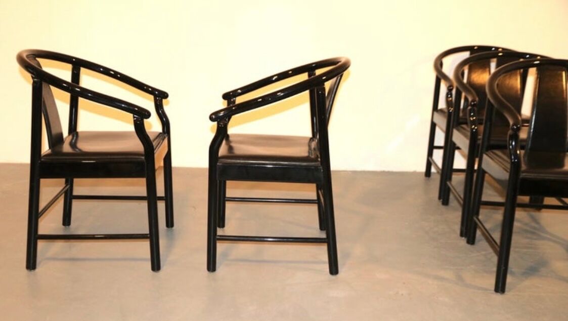 Set of 5 black lacquered leather dining chairs similar to China Chair Wegner