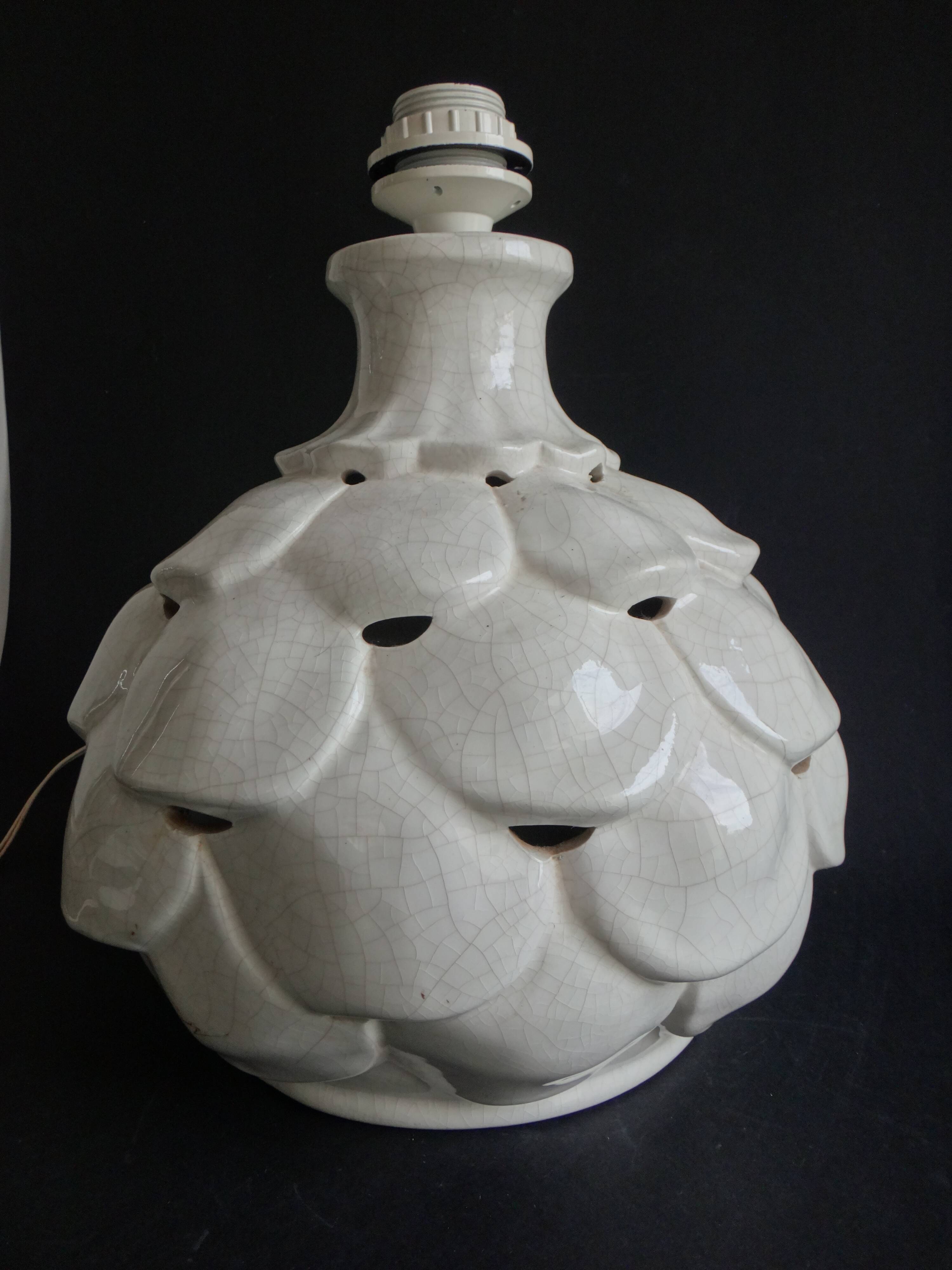 Pied de lampe forme artichaut faience craquelé 1970