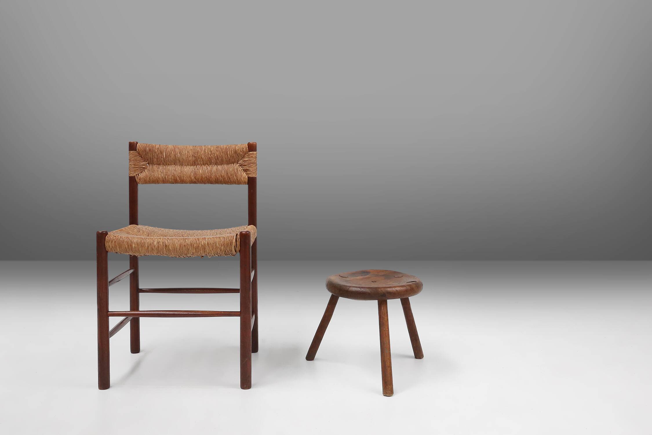 Hand-carved solid wood tripod stool with beautiful patina, France ca. 1900