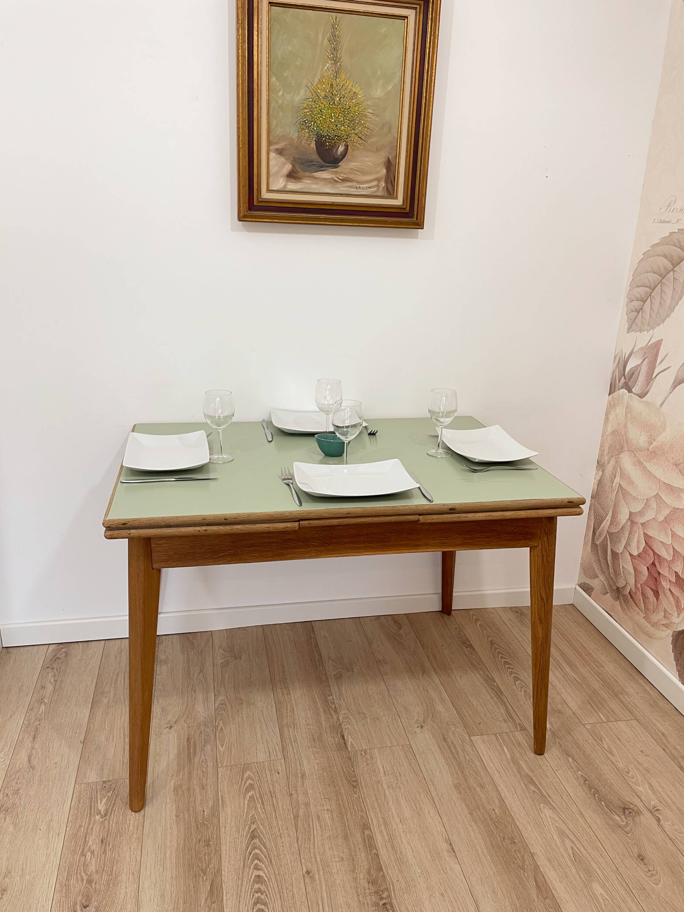 Vintage extendable dining table, wood and sage green