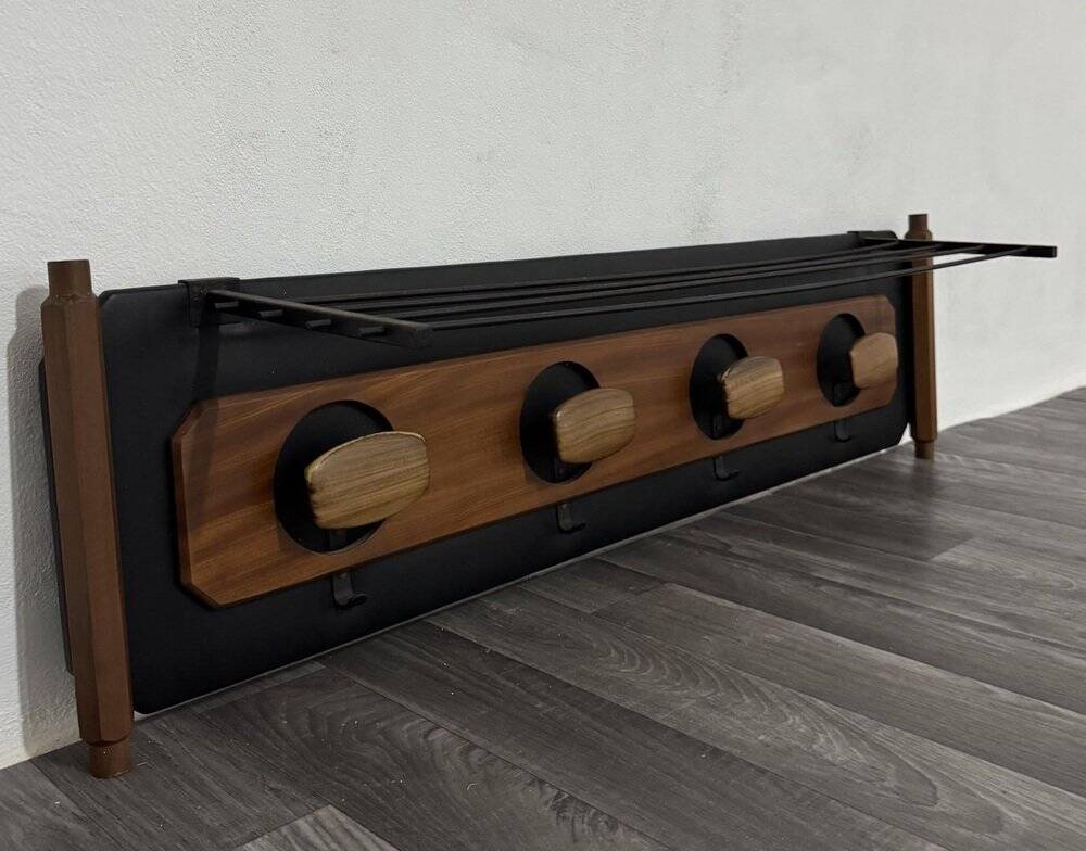 Mid-Century Scandinavian Teak and Leather Wall Coat Rack, 1960s