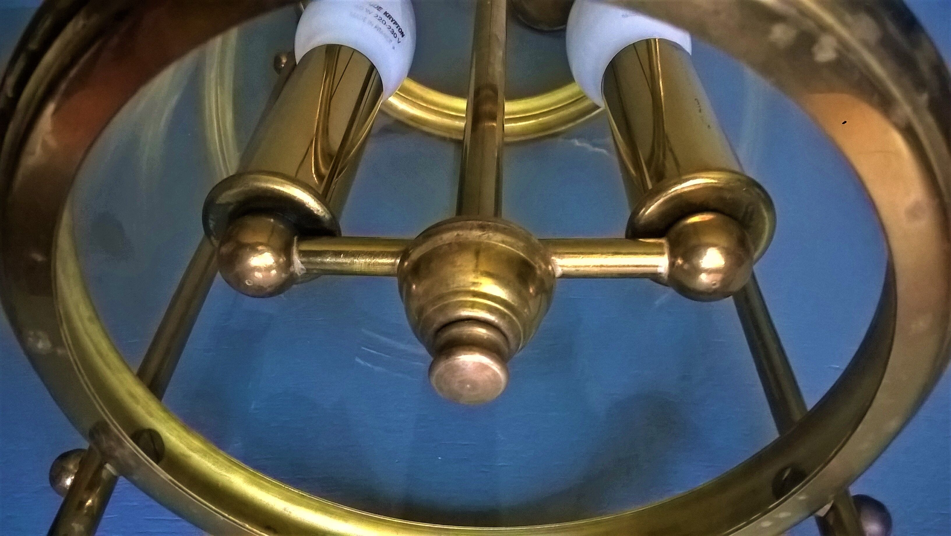 Chandelier lantern cage cylindrical two fires ~ glass and golden brass ~ 1950s/1960s