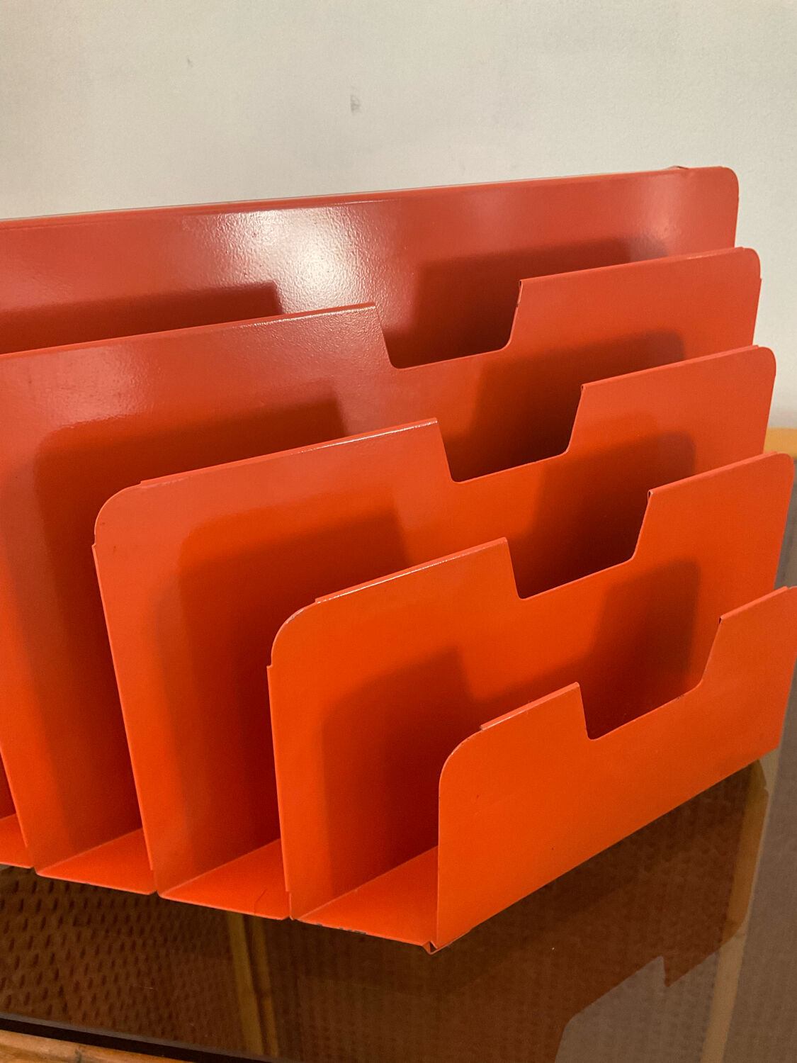 Vintage orange metal mail rack