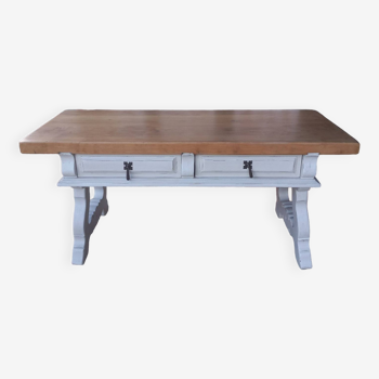 Patinated linen living room table with raw top