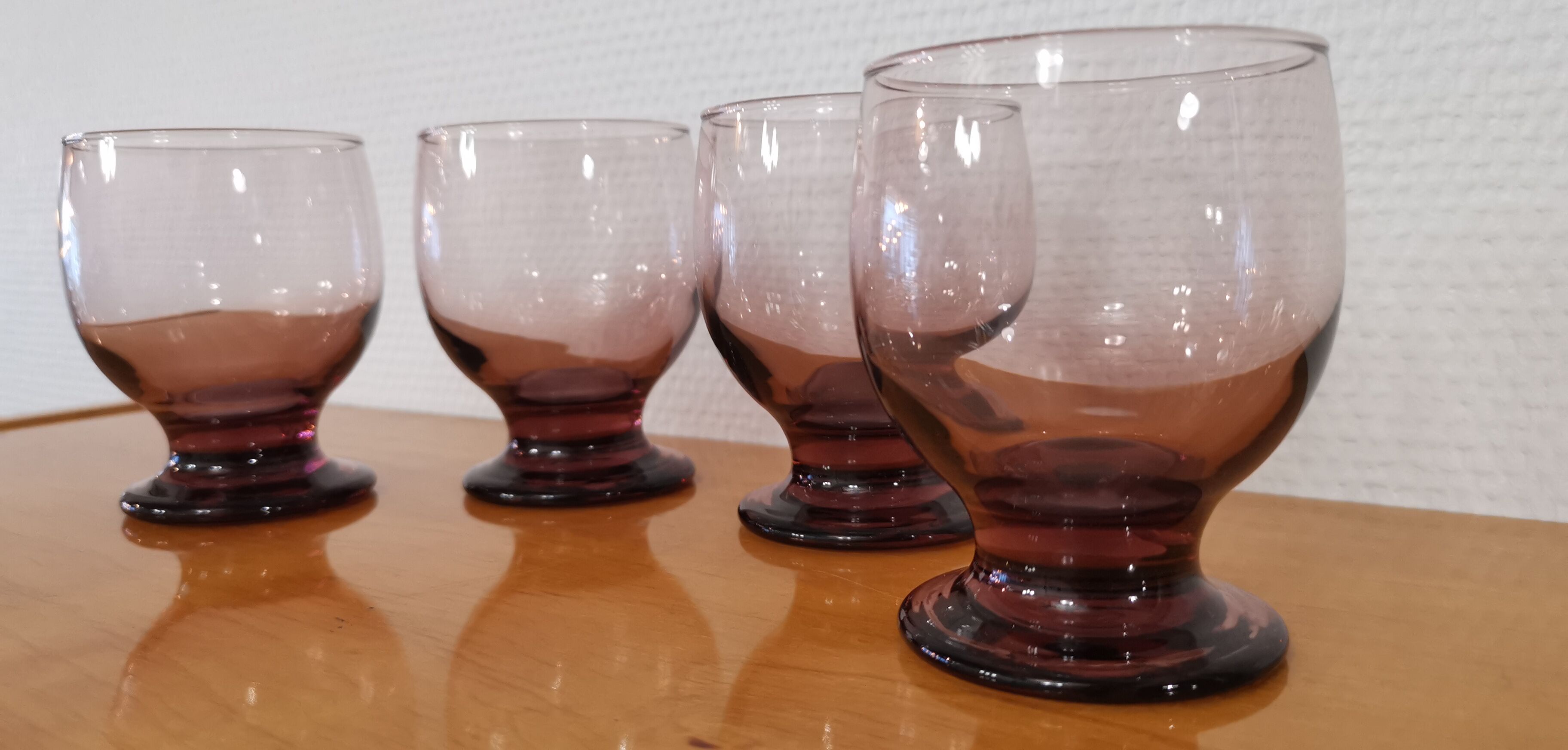 4 water glasses on foot pink purple vintage art deco