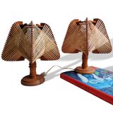Portuguese Mid Century Modernist wood straw wooden table lamps 1960s SET of 2