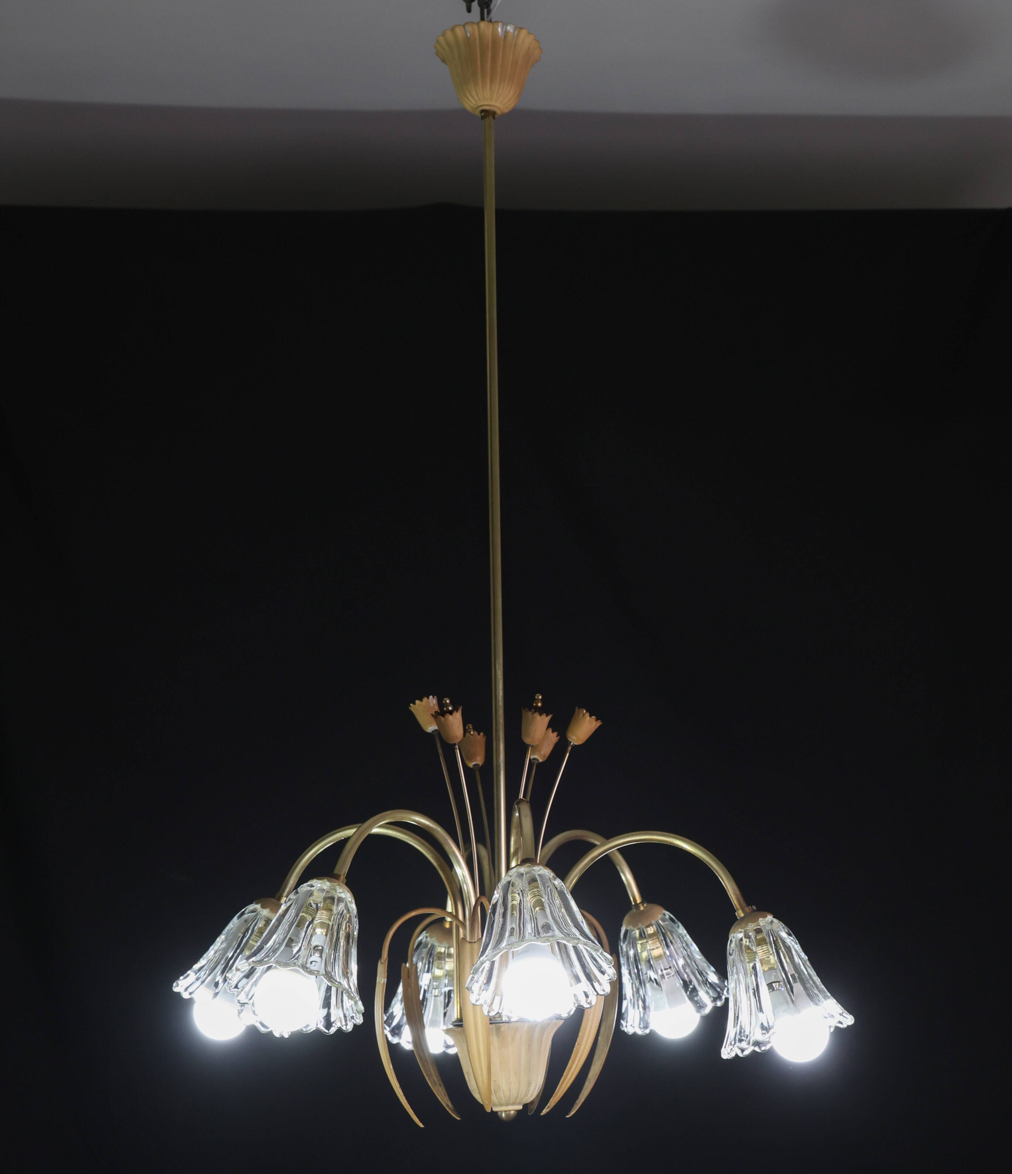 Art Deco Murano Glass and Brass Chandelier, 6 light, 1950