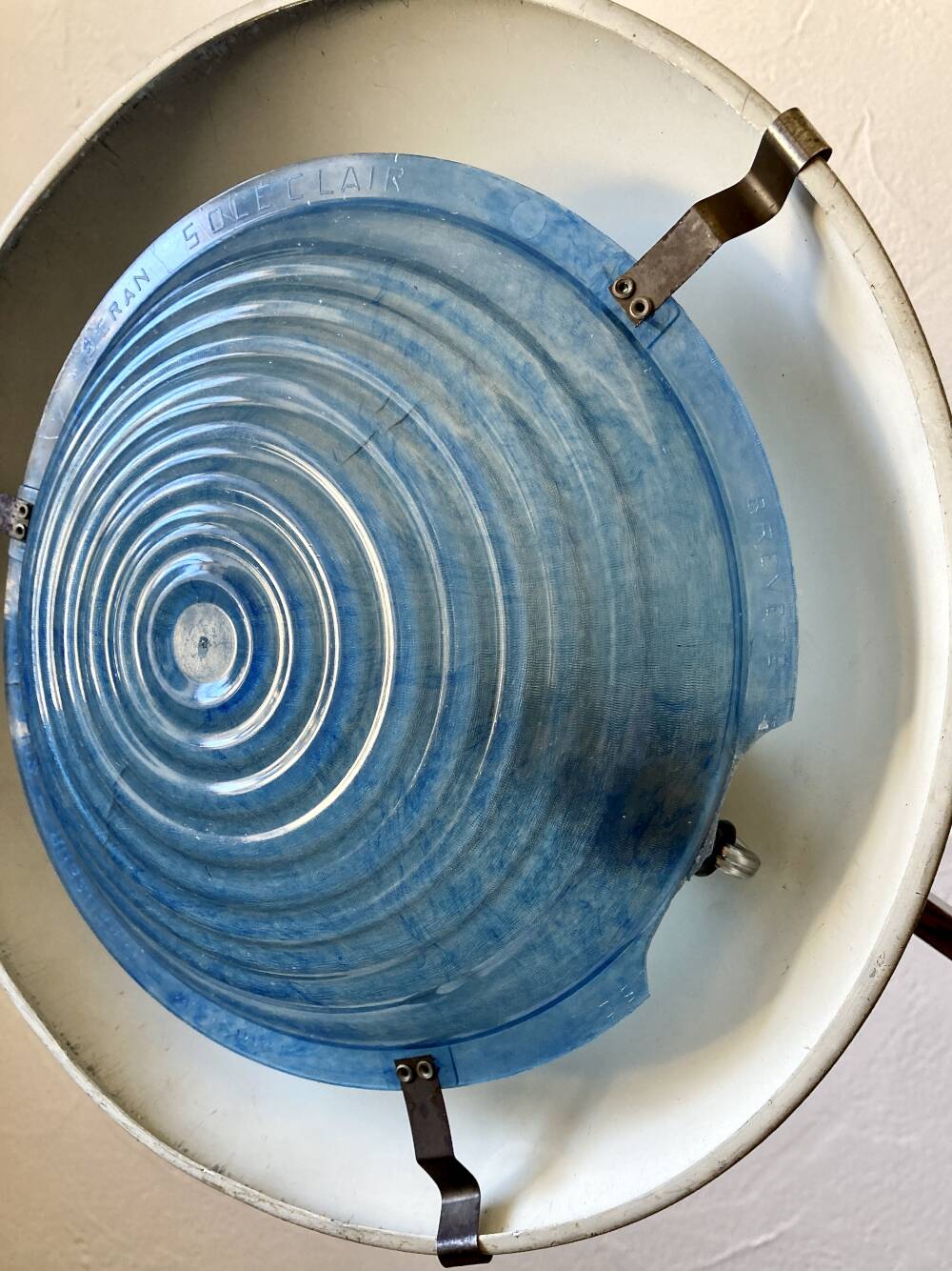 Solère telescopic lamp, hammered paint & blue diffuser, 1950s