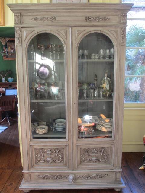 Antique carved buffet display cabinet with gray patina