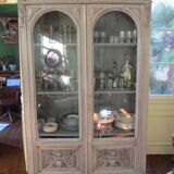 Antique carved buffet display cabinet with gray patina