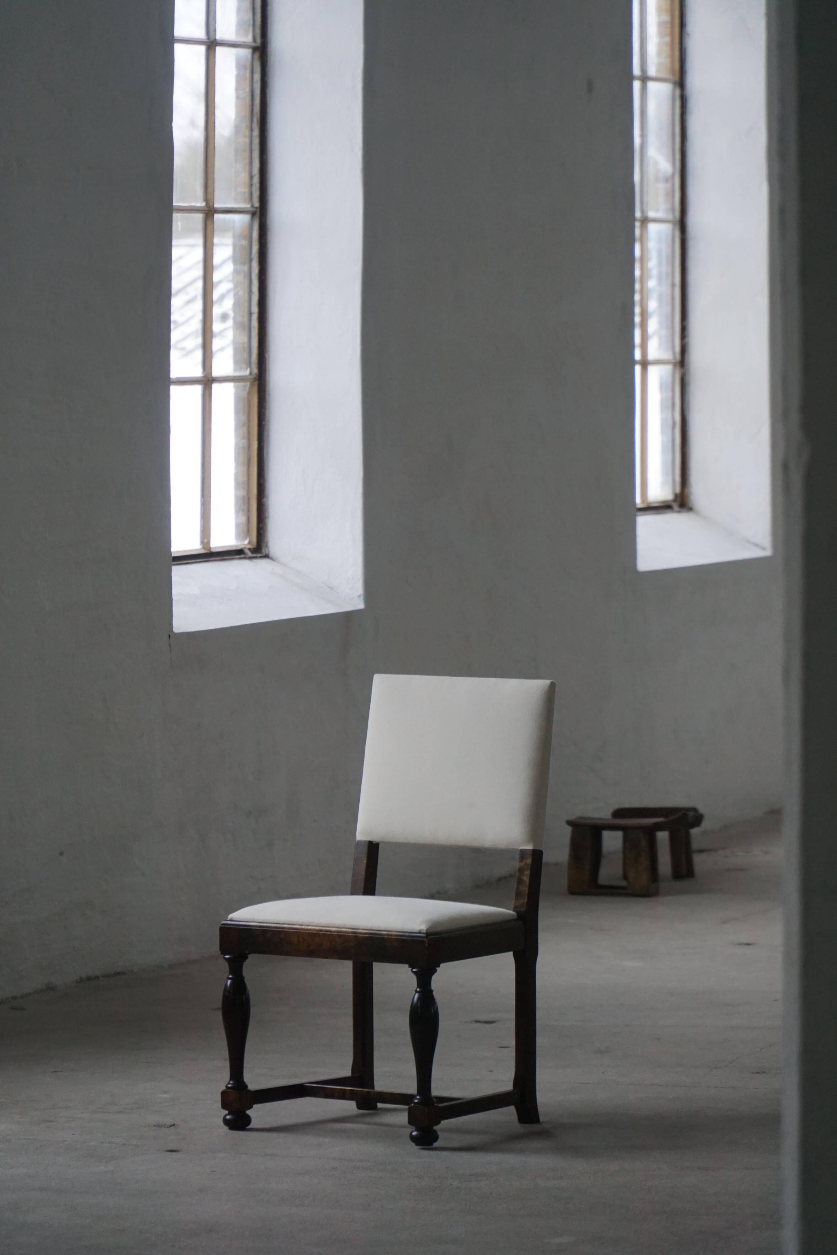 Set of 6 Swedish Grace dining chairs in birch with new upholstery, 1920s.