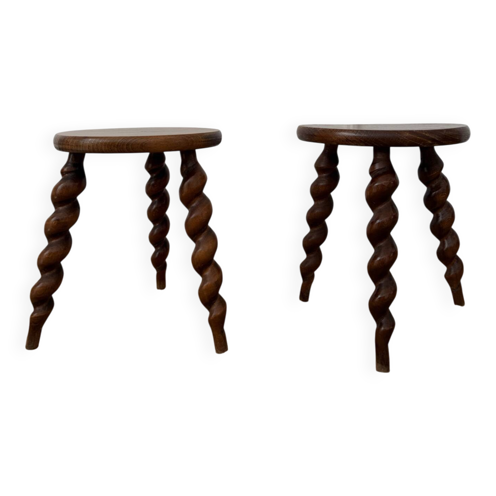 Pair of twisted wooden tripod stools