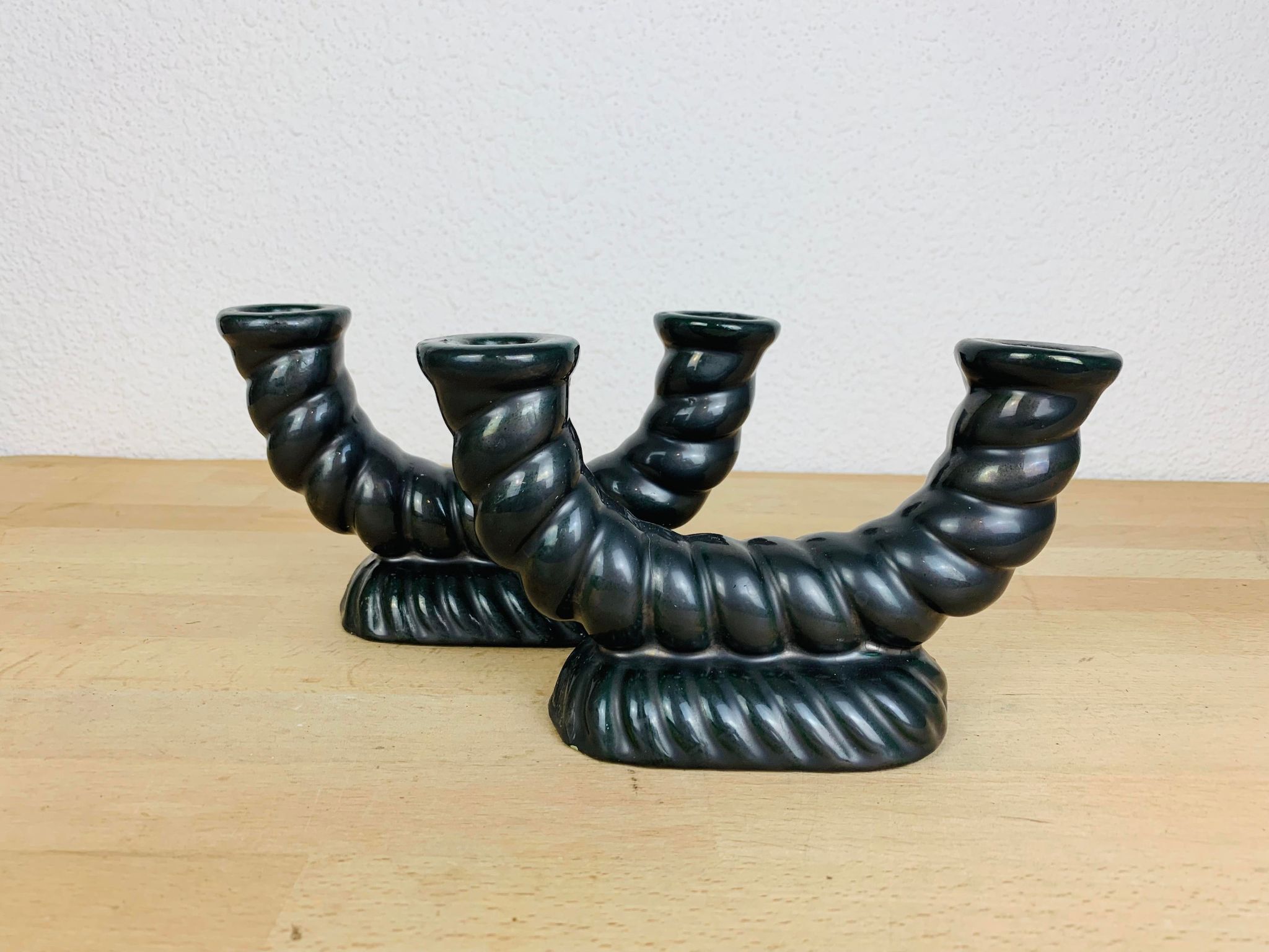 Pair of black Longchamp ceramic candle holders 50s