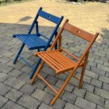 Set of vintage painted blue and orange chairs