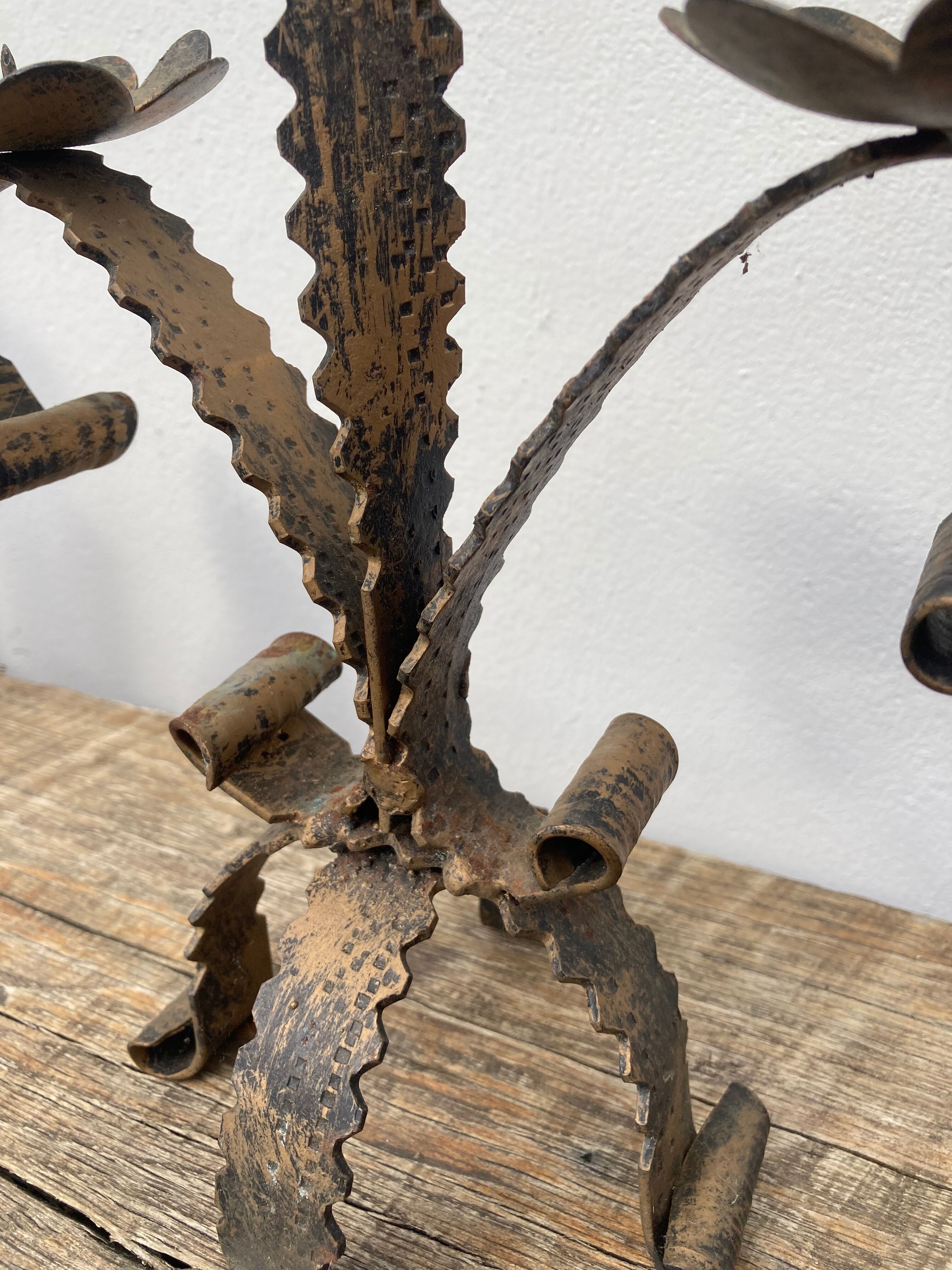 Brutalist candle holder folk art - wrought iron candlestick