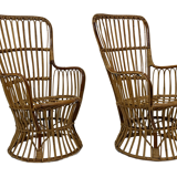 Ensemble de deux fauteuils en rotin du milieu du siècle par Bonacina 1950 Design