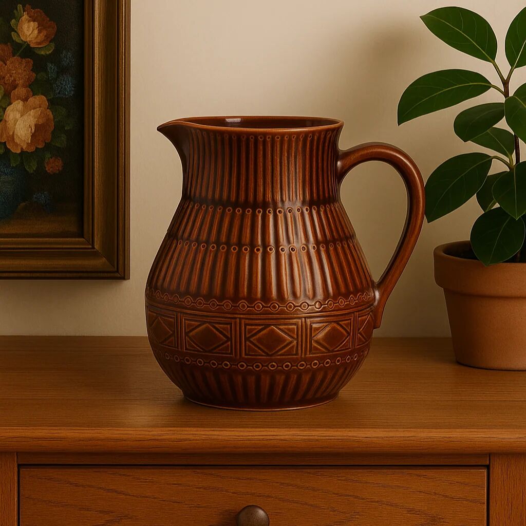 Superb vintage Digoin Sarreguemines jug in brown glazed ceramic.