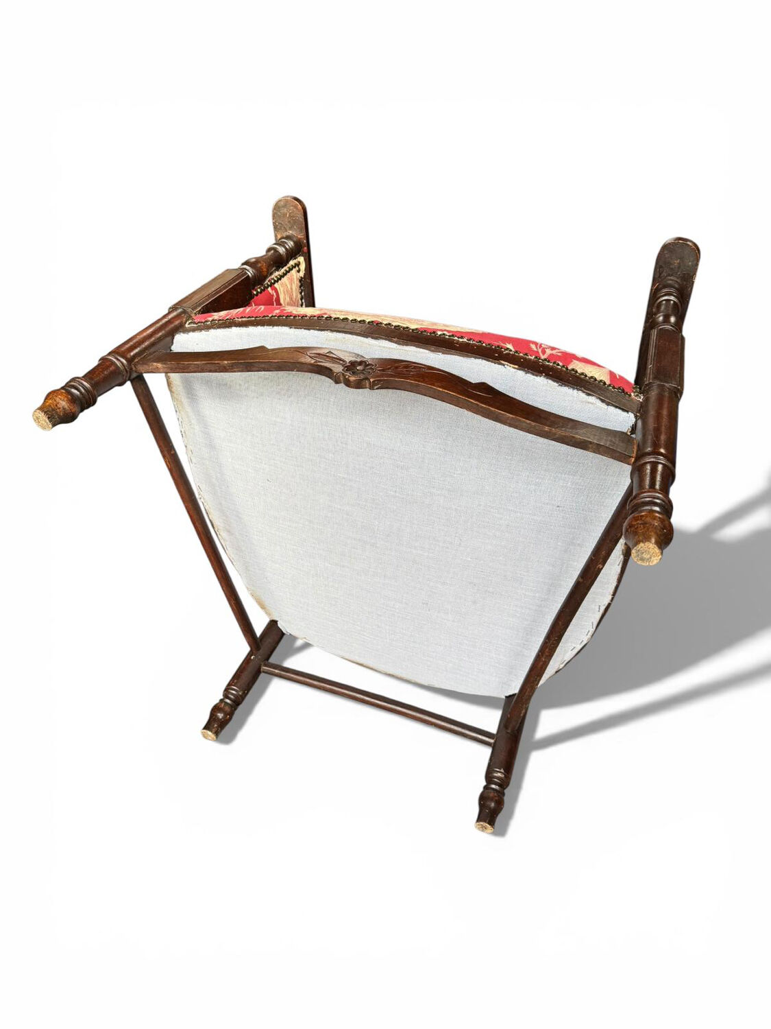 Antique armchair from around 1900, solid wood – red toile de Jouy.