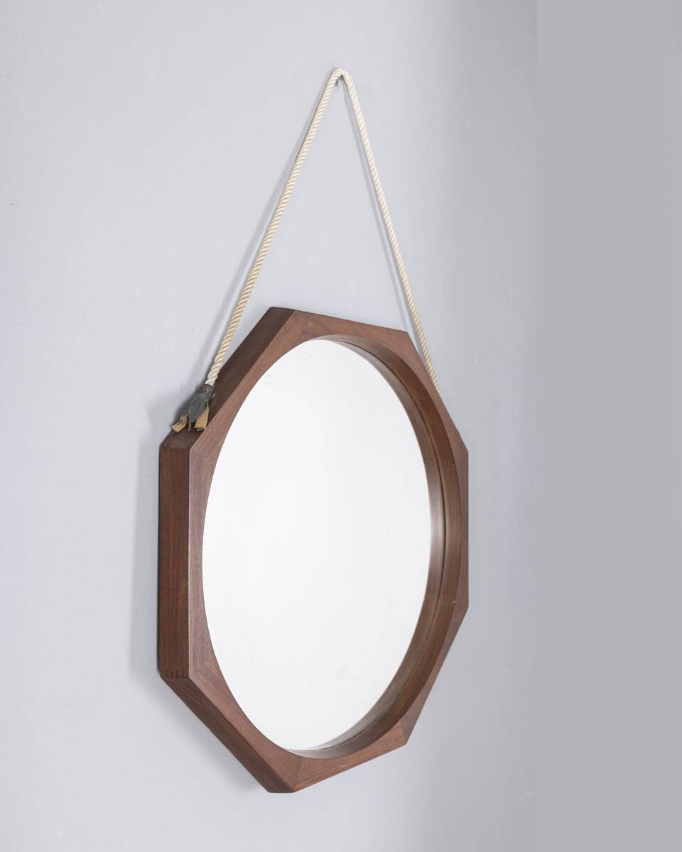 Vintage 1970s wall mirror in wood and rope, Italian design