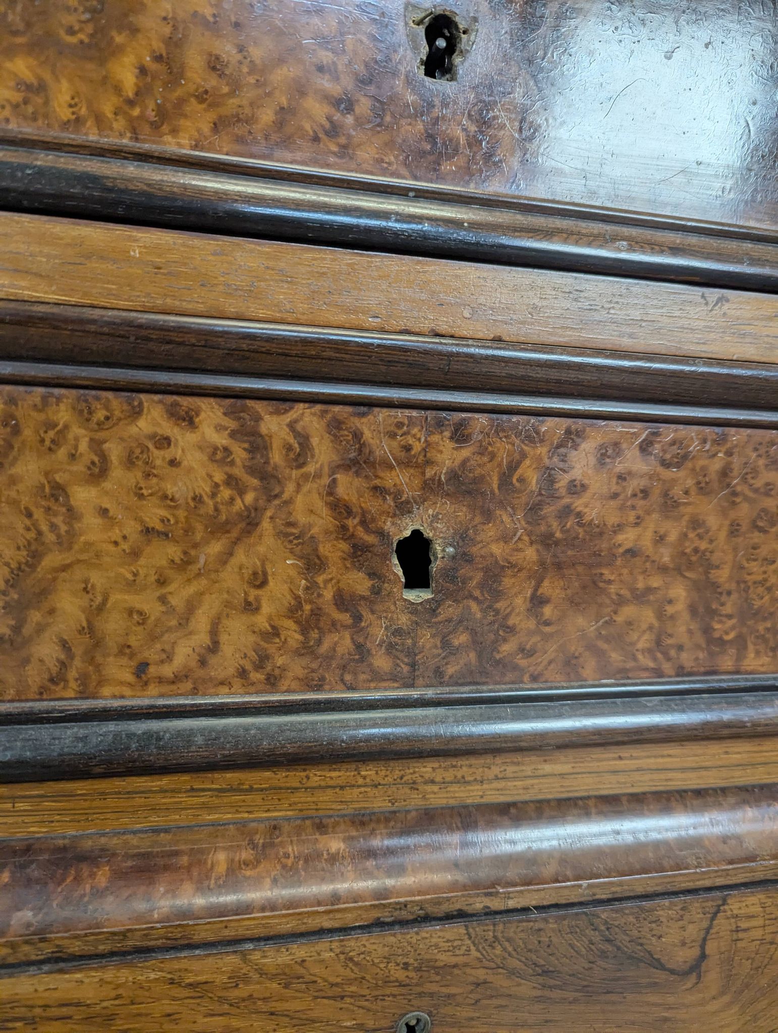 Elm burl and rosewood secretary chest of drawers