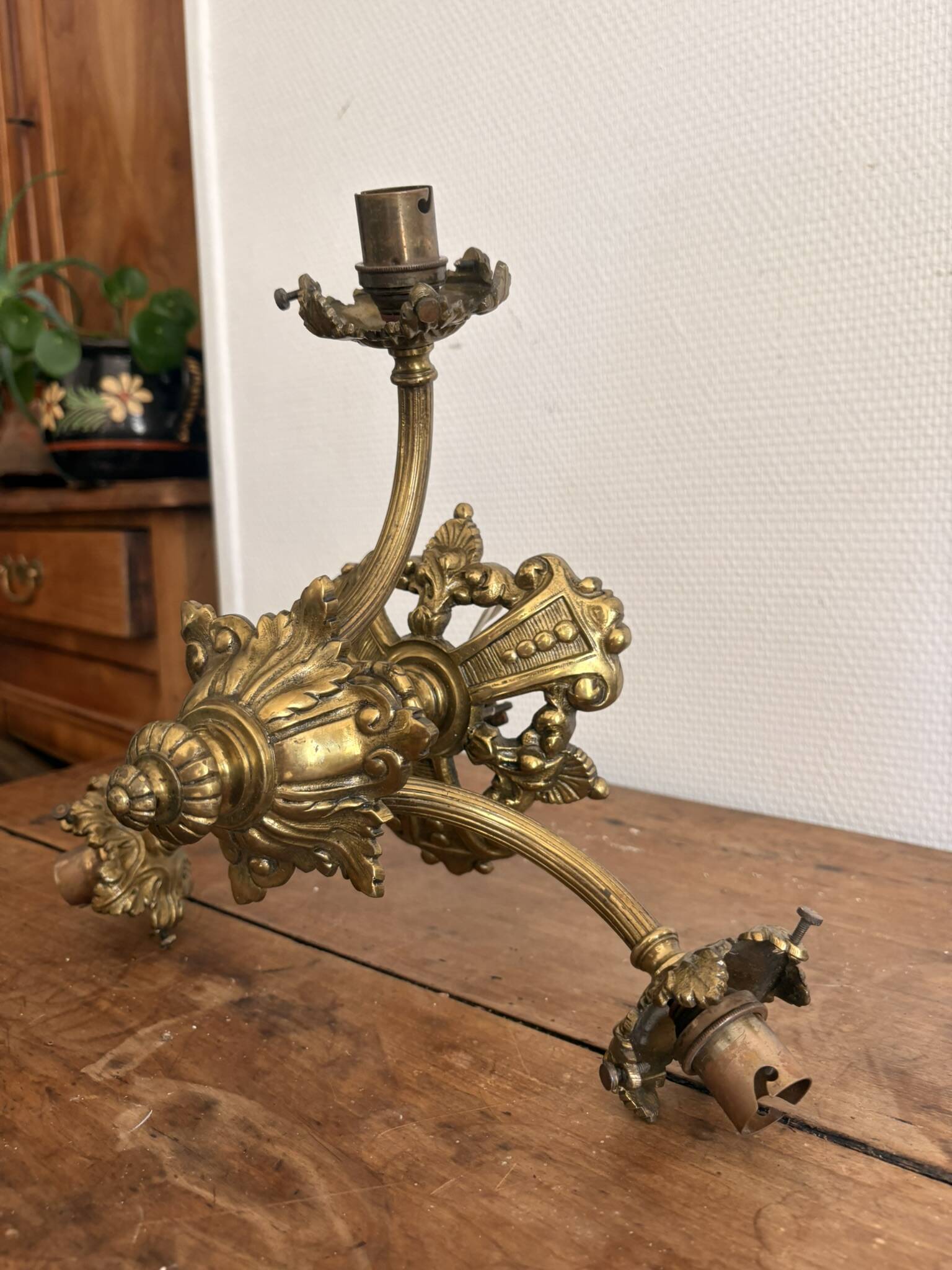 Antique Bronze Ceiling Chandelier with Fringed Glass Tulips, 3 Arms, Art Nouveau