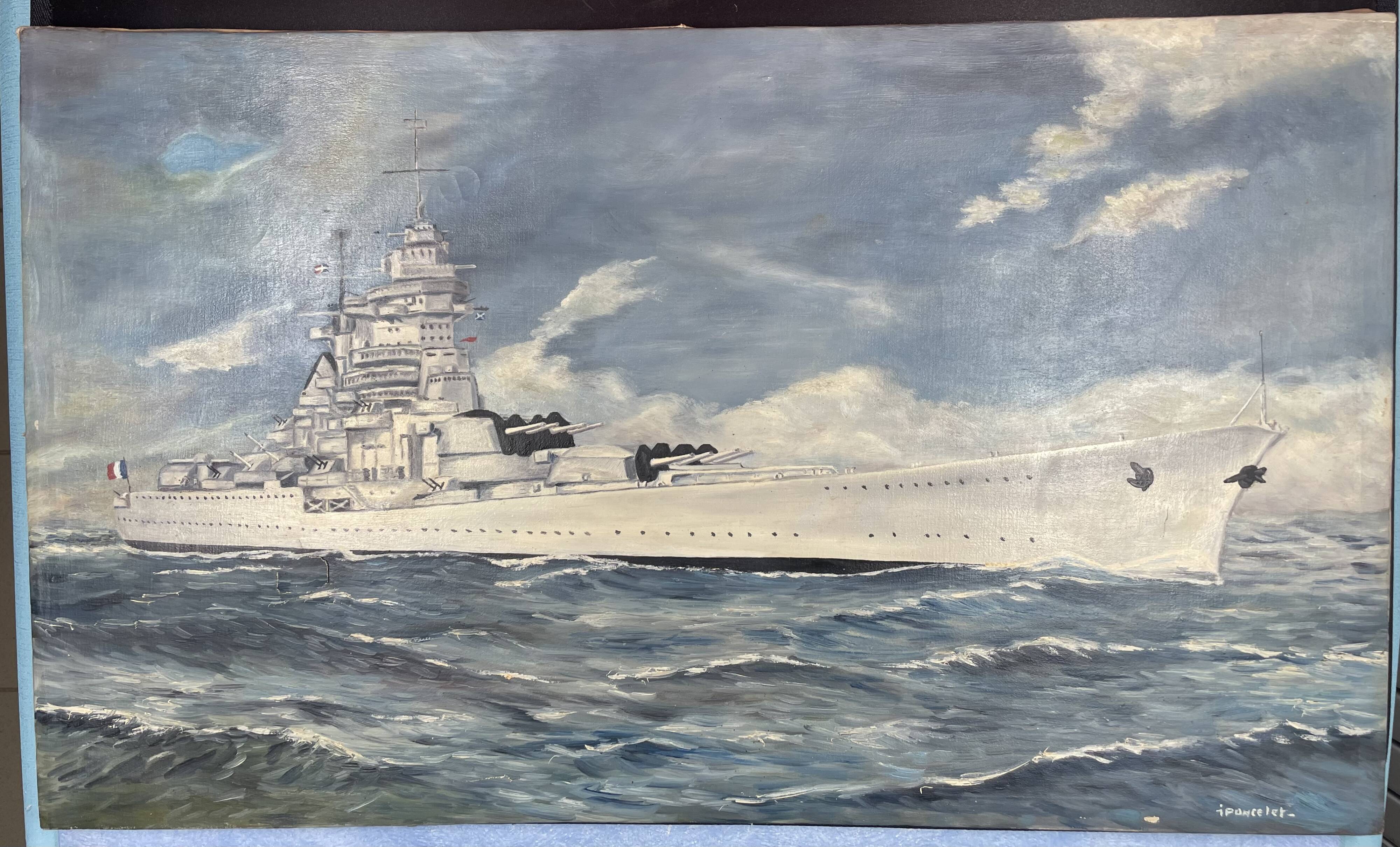 oil on canvas - Marine, Battleship on rough sea, signed Poncelet