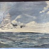 oil on canvas - Marine, Battleship on rough sea, signed Poncelet