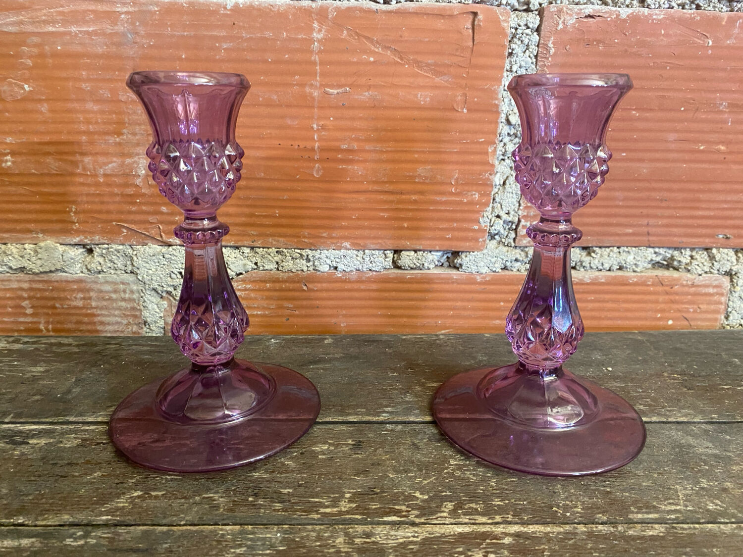 Pair of Antique CRISTAL D’ARQUES Candle Holders Moulded Purple Glass Vintage