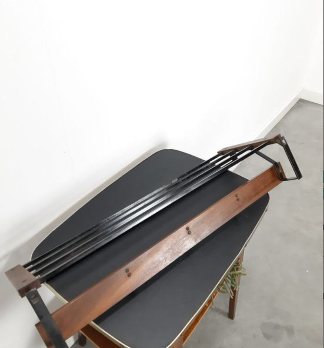 Vintage wooden wall coat rack with hooks and brass shelf