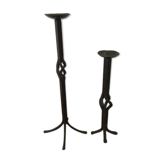 Pair of large brutalist wrought iron candle holders