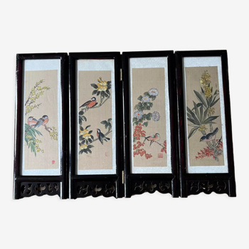 Chinese table screen in painted tissue paper, wood and glass