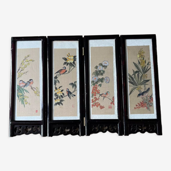 Paravent de table chinois en papier de soie peint, bois et verre