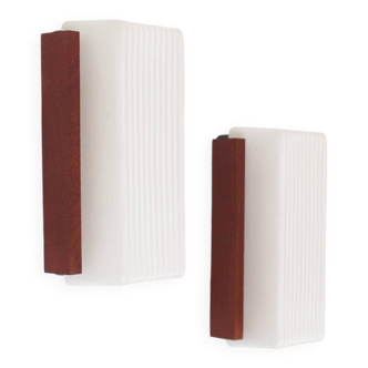 Pair of 1970s opaline glass and teak wood wall lights by BEGA