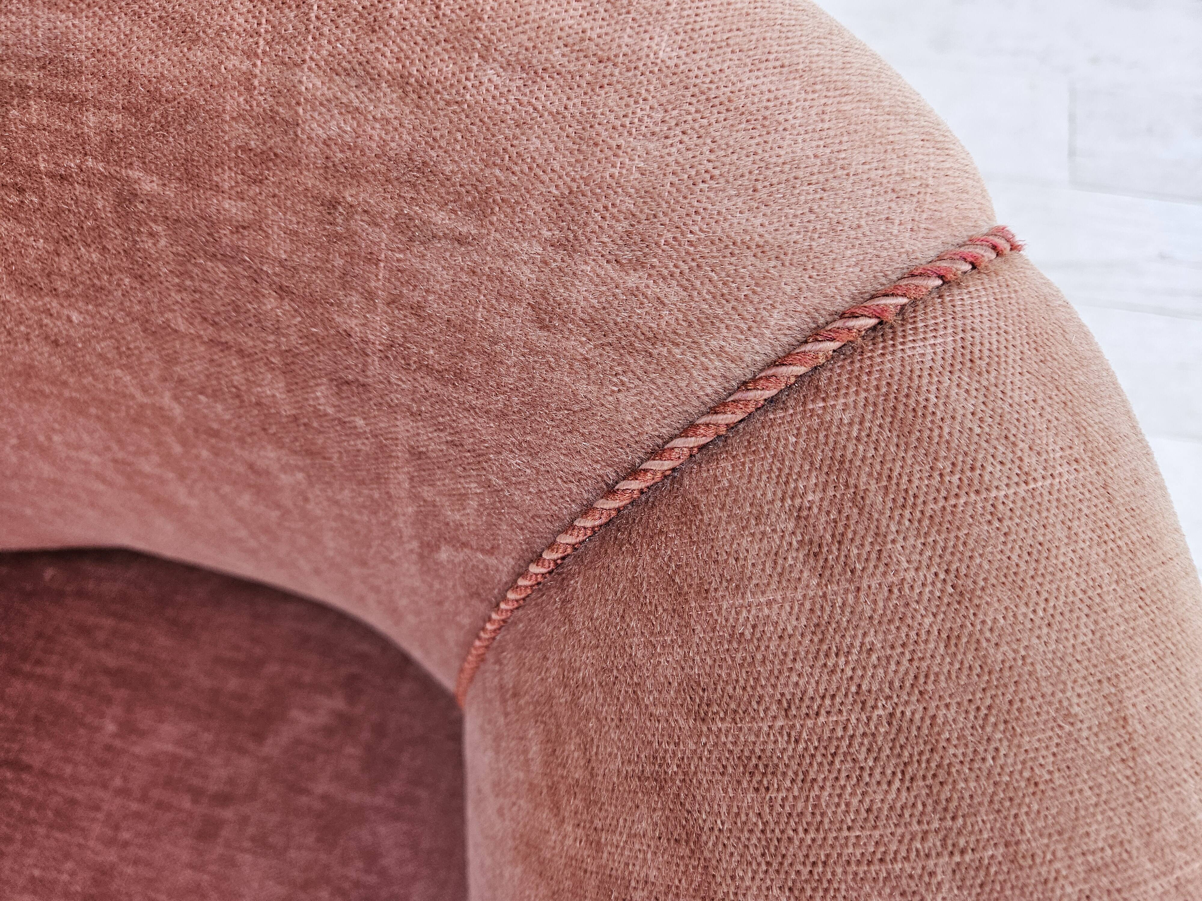 1960s, Danish lounge chair, salmon pink furniture velour, ash wood legs.