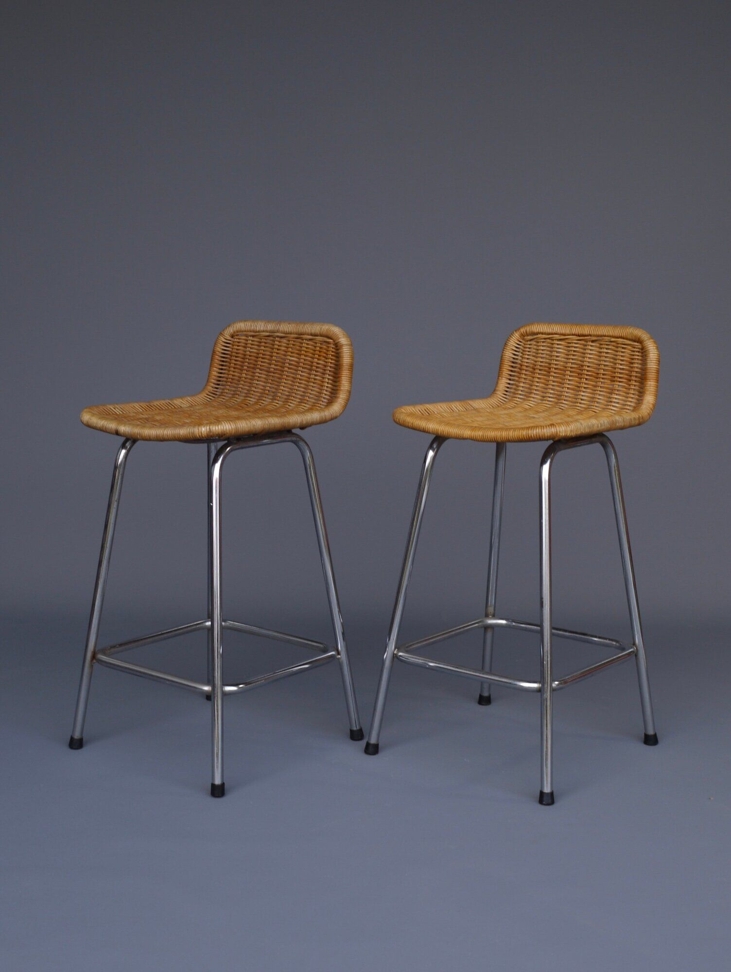 Chromed steel and rattan bar stools from Rohé Noordwolde, 1960s, Set of 2